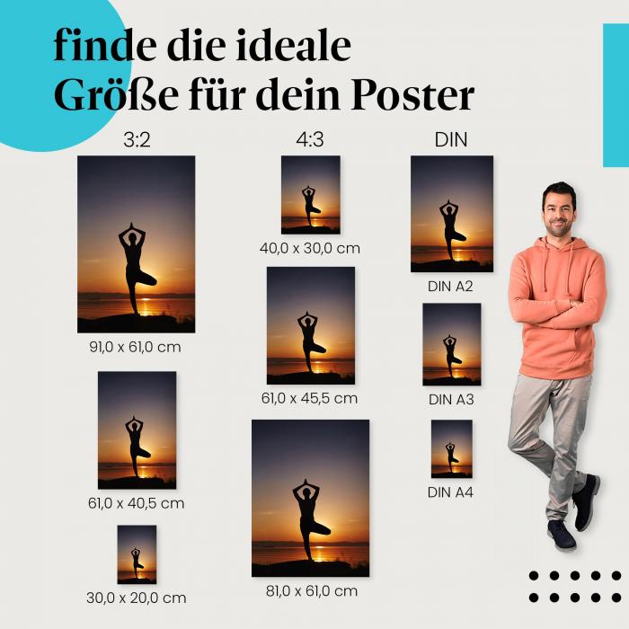 Finde die ideale Postergröße: Frau beim Yoga am See, Sonnenuntergang, Ruhe.