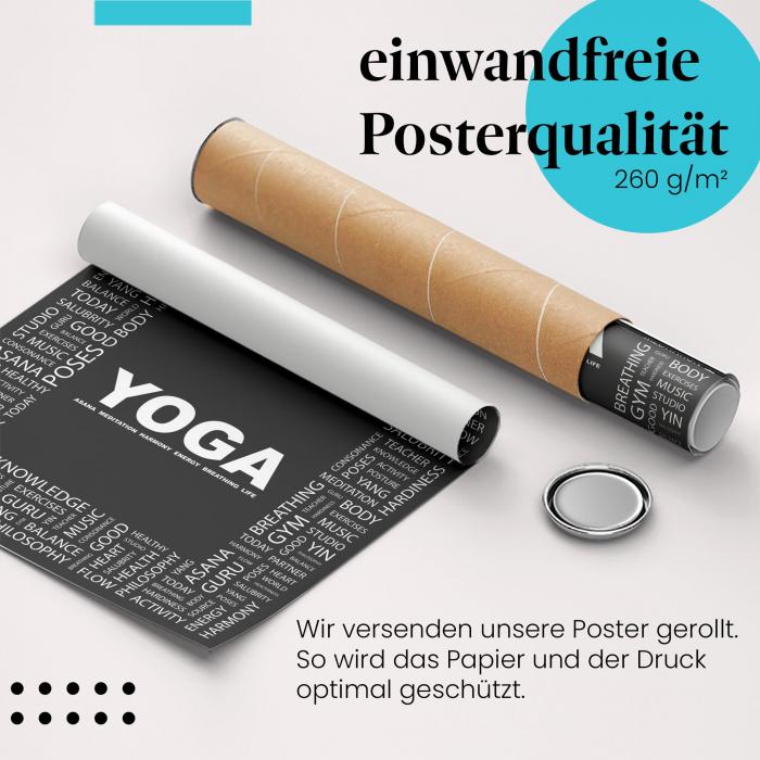 Gerolltes Poster "Yoga Wortwolke" - Für Yoga-Begeisterte, sicher verpackt.