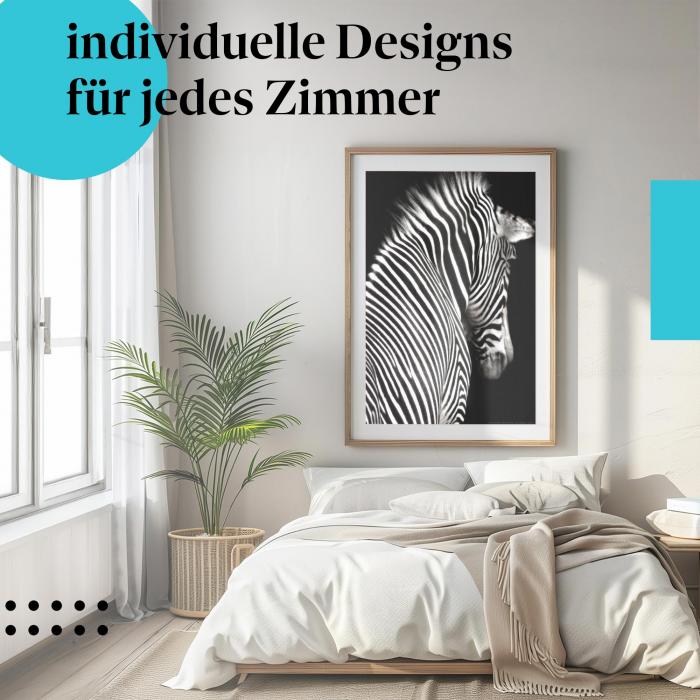 Schlafzimmer Deko: Minimalistisches Schlafzimmer mit "Zebrastreifen" Poster. Moderne Wanddeko.