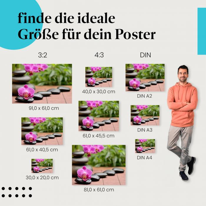Zen-Steine, Poster: Schwarz, Orchidee, pink, Ruhe.