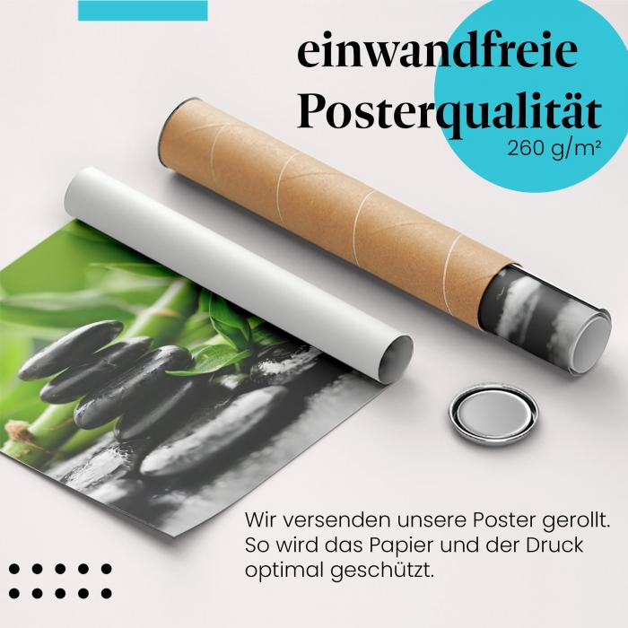 Gerolltes Poster "Zen-Harmonie". Steine, Bambus, Einklang.