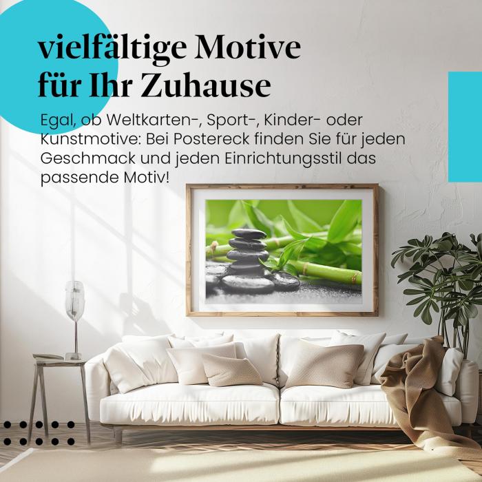 Leinwandbild "Zen-Harmonie: Steine und Bambus im Einklang". Wanddeko für alle, die Ruhe und Entspannung suchen.