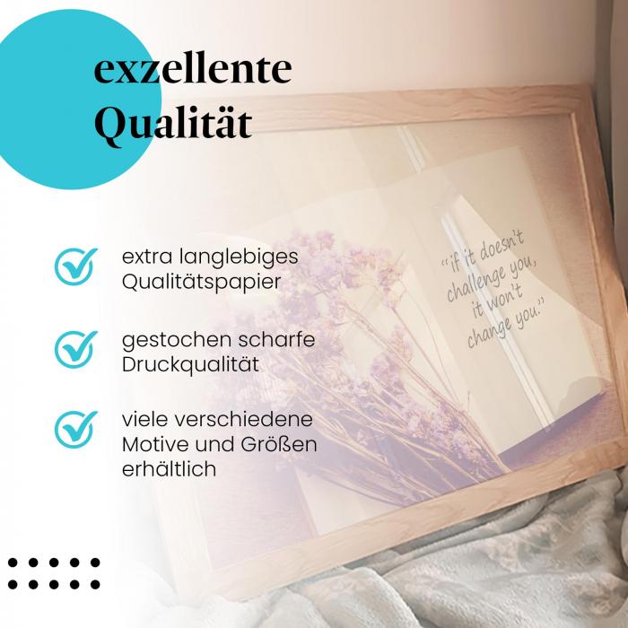 Gerahmtes Wandbild "Herausforderungen, Zitat, Motivation". Hochwertiger Druck, verschiedene Größen erhältlich.