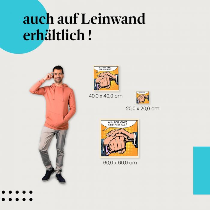 Pop Art Illustration als Leinwandbild: Drei Hände halten sich, "Alle für einen, einer für alle!" - ein Symbol für Solidarität.