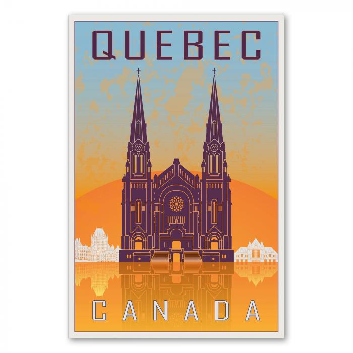Basilika Sainte-Anne-de-Beaupré, orange Himmel spiegelt sich im Wasser – malerisches Reiseposter von Québec.