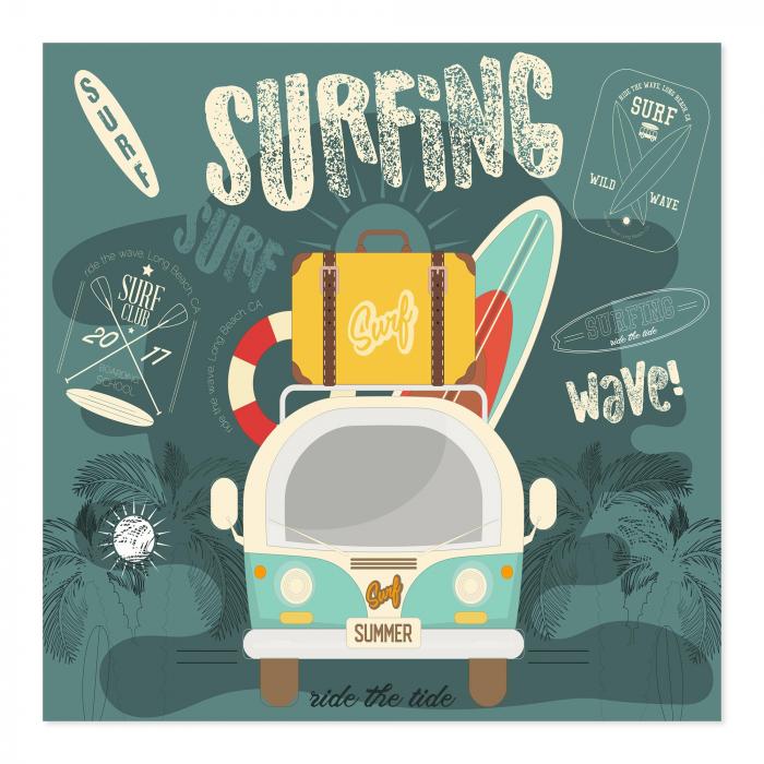 Retro-Bus mit Surfbrett, Strand, Palmen & Sonnenschein - sommerliches Motiv.