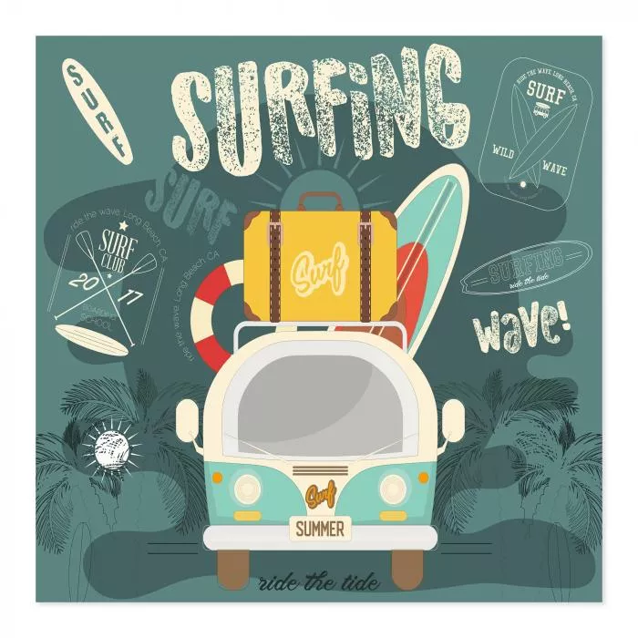 Retro-Bus mit Surfbrett, Strand, Palmen & Sonnenschein - sommerliches Motiv.