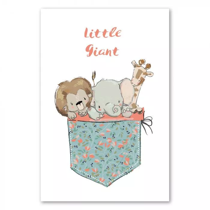 Löwe, Elefant und Giraffe in einer Tasche, "Little Giants". Poster und Leinwand präsentieren charmante Abenteurer in spielerischer Darstellung.