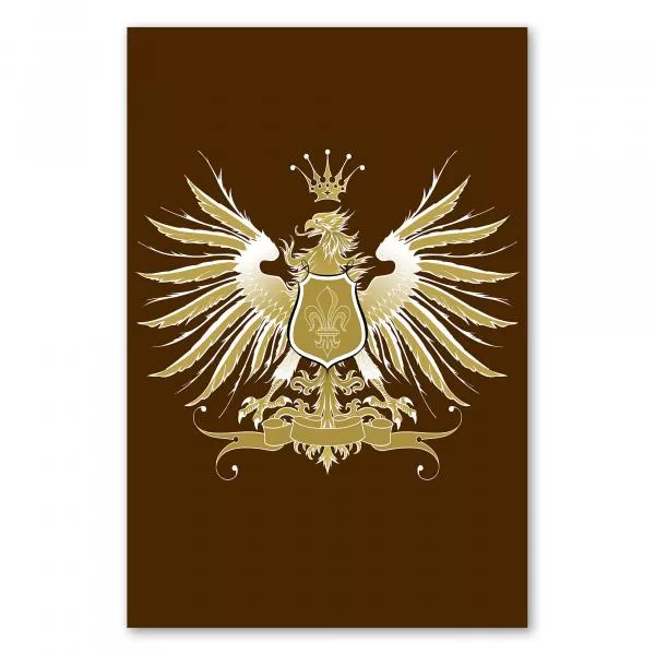 Goldenes Wappen mit Adler, Lilie und Krone auf braunem Hintergrund strahlt Tradition und Geschichte aus. Goldenes Wappen mit Adler, Lilie und Krone auf braunem Hintergrund strahlt Tradition und Geschichte aus.
