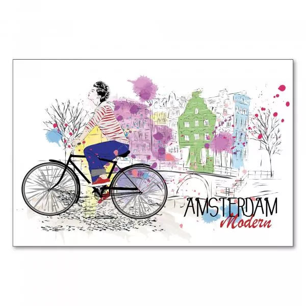 Junge Frau auf Fahrrad vor malerischer Kulisse von Amsterdam mit Grachtenhäusern und Brücken. Junge Frau auf Fahrrad vor malerischer Kulisse von Amsterdam mit Grachtenhäusern und Brücken.