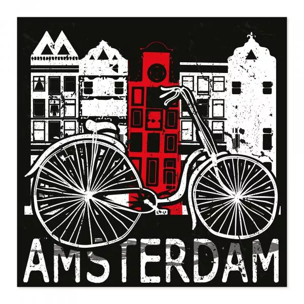 Fahrrad vor Amsterdamer Häuserfassaden & "Amsterdam" - Schwarz-Weiß-Design. Fahrrad vor Amsterdamer Häuserfassaden & "Amsterdam" - Schwarz-Weiß-Design.