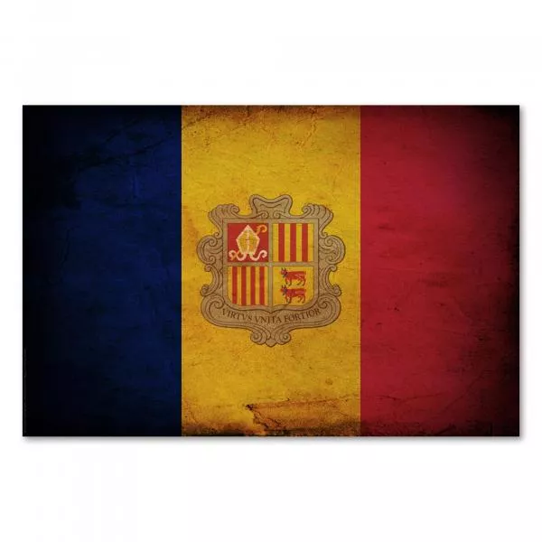 Andorranische Flagge im Vintage-Design: Die Farben Blau-Gelb-Rot sind von den Flaggen Frankreichs und Spaniens inspiriert. Andorranische Flagge im Vintage-Design: Die Farben Blau-Gelb-Rot sind von den Flaggen Frankreichs und Spaniens inspiriert.