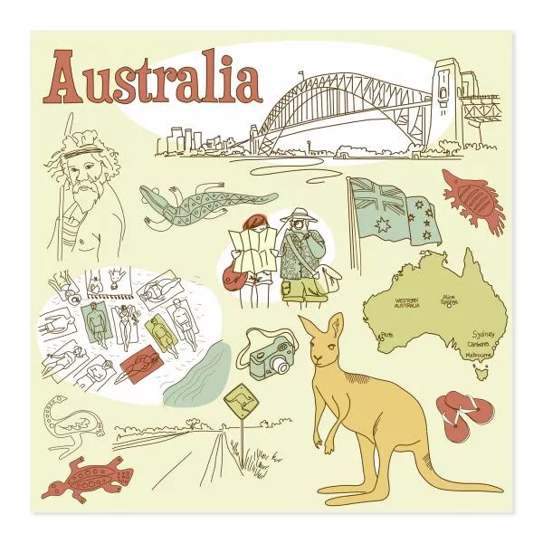 Skizze mit typischen Australien-Motiven: Opera House, Känguru, Outback... Skizze mit typischen Australien-Motiven: Opera House, Känguru, Outback...