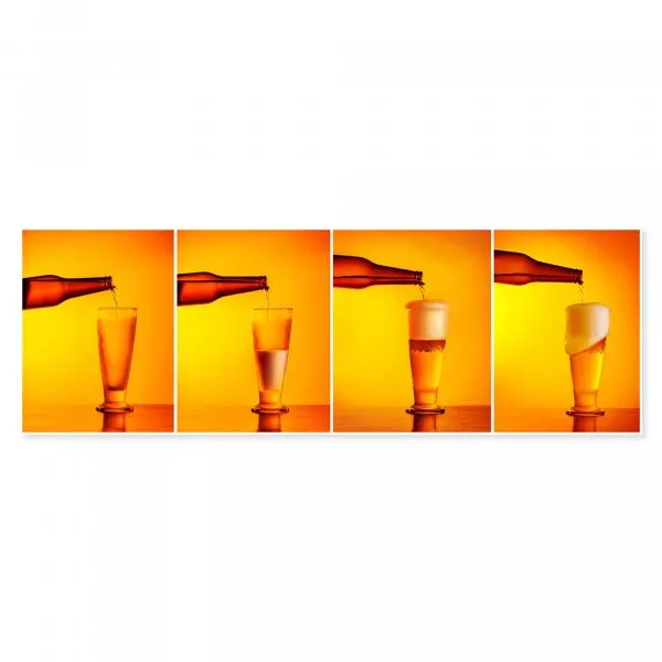 Vier Bilder zeigen die Phasen des Biereinschenkens: von der leeren Flasche bis zum vollen Glas mit Schaumkrone. Vier Bilder zeigen die Phasen des Biereinschenkens: von der leeren Flasche bis zum vollen Glas mit Schaumkrone.