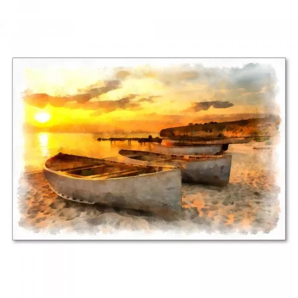 Ruhe und Entspannung: Die Aquarellmalerei mit den Booten am Strand im Sonnenuntergang versprüht Frieden. Ruhe und Entspannung: Die Aquarellmalerei mit den Booten am Strand im Sonnenuntergang versprüht Frieden.