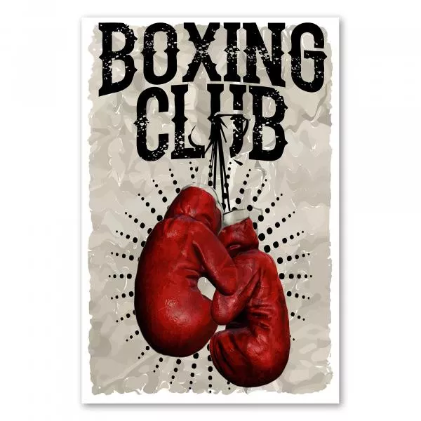 Zwei rote Boxhandschuhe im Used-Look hängen an einem Haken. Das Design trägt die Aufschrift "Boxing Club". Zwei rote Boxhandschuhe im Used-Look hängen an einem Haken. Das Design trägt die Aufschrift "Boxing Club".