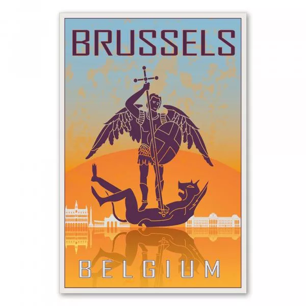 "Brüssel" – ein Retro-Reiseposter mit dem Erzengel Michael, dem Schutzpatron der Stadt, im Stil der 50er Jahre. "Brüssel" – ein Retro-Reiseposter mit dem Erzengel Michael, dem Schutzpatron der Stadt, im Stil der 50er Jahre.