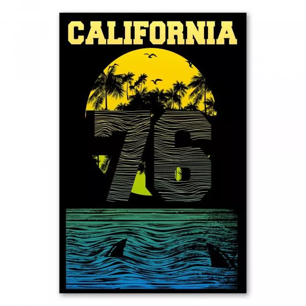 "California Dreaming" – ein Vintage-Surf-Print mit Palmen, Sonnenuntergang und Meer, perfekt für Surfer. "California Dreaming" – ein Vintage-Surf-Print mit Palmen, Sonnenuntergang und Meer, perfekt für Surfer.