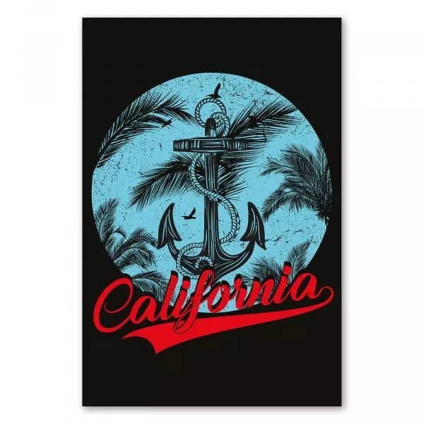 Anker in blauem Kreis mit Palmen, Schriftzug "California" - Urlaubsfeeling, Sonne, Strand, Meer. Anker in blauem Kreis mit Palmen, Schriftzug "California" - Urlaubsfeeling, Sonne, Strand, Meer.