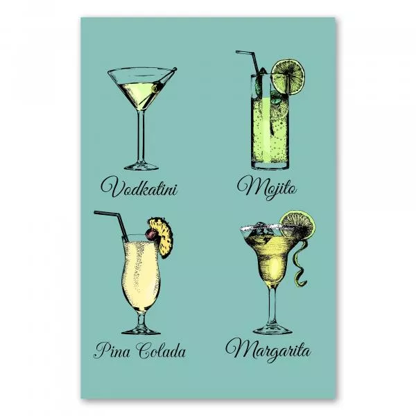 Vier Cocktail-Klassiker: Wodkatini, Mojito, Pina Colada & Margarita - detailliert illustriert. Vier Cocktail-Klassiker: Wodkatini, Mojito, Pina Colada & Margarita - detailliert illustriert.