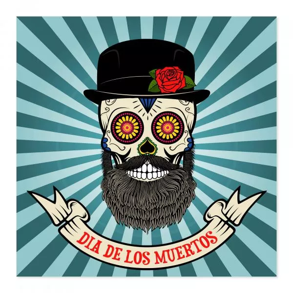 Sugar Skull mit Hut & Bart, Schriftzug "Dia de los Muertos". Sugar Skull mit Hut & Bart, Schriftzug "Dia de los Muertos".