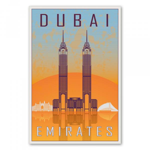 Die Skyline von Dubai mit den Emirates Towers - ein Retro-Reiseposter im Stil der 50er Jahre.