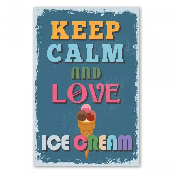 Retro-Poster in Blau: "Keep Calm and Love Ice Cream" mit Eiswaffel. Retro-Poster in Blau: "Keep Calm and Love Ice Cream" mit Eiswaffel.