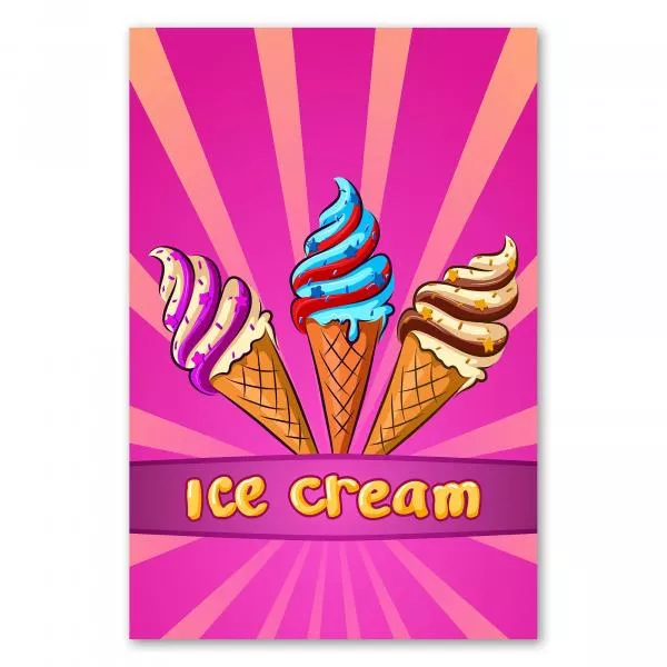 Drei verschiedene Eiscreme-Sorten in Waffeln auf pinkem Hintergrund - ein leckeres Motiv für alle Naschkatzen. Drei verschiedene Eiscreme-Sorten in Waffeln auf pinkem Hintergrund - ein leckeres Motiv für alle Naschkatzen.