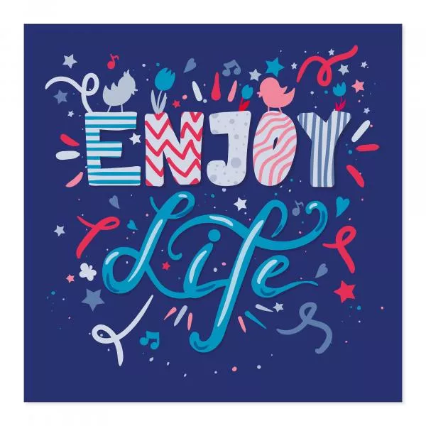 "Enjoy Life" - bunter Schriftzug mit Vögeln, Blumen & Sternen. "Enjoy Life" - bunter Schriftzug mit Vögeln, Blumen & Sternen.