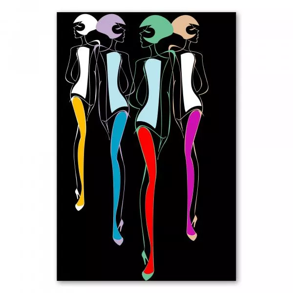 Vier Frauen in bunten Outfits und High Heels - ein stylishes Motiv für Modebegeisterte. Vier Frauen in bunten Outfits und High Heels - ein stylishes Motiv für Modebegeisterte.