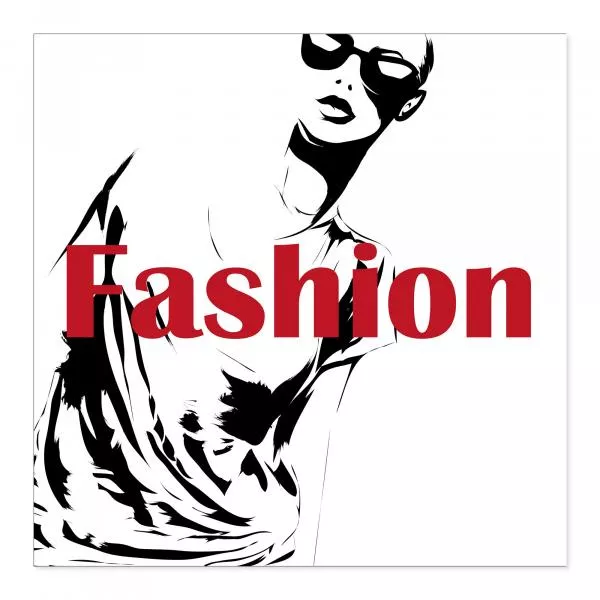 Schwarz-Weiß-Zeichnung: Frau mit Sonnenbrille, Schriftzug "Fashion" in Rot. Schwarz-Weiß-Zeichnung: Frau mit Sonnenbrille, Schriftzug "Fashion" in Rot.