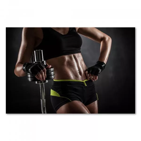 Frau, trainierter Körper, Sixpack, Langhantel, Sportkleidung, zufrieden. Frau, trainierter Körper, Sixpack, Langhantel, Sportkleidung, zufrieden.