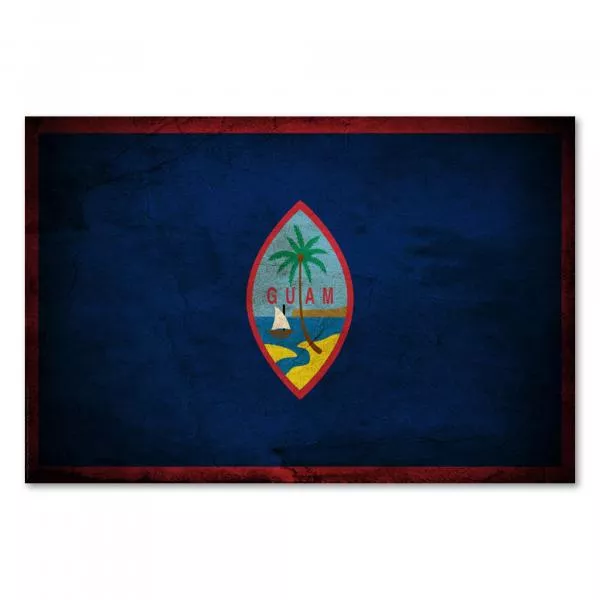 Guam Flagge - Inselparadies: Das Wappen zeigt die Landschaft Guams mit einem Strand und einem Proa. Guam Flagge - Inselparadies: Das Wappen zeigt die Landschaft Guams mit einem Strand und einem Proa.