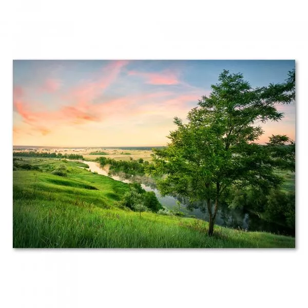 Flusslandschaft im Morgengrauen: Baum auf Hügel, Nebel am Fluss, Sonnenstrahlen. Flusslandschaft im Morgengrauen: Baum auf Hügel, Nebel am Fluss, Sonnenstrahlen.