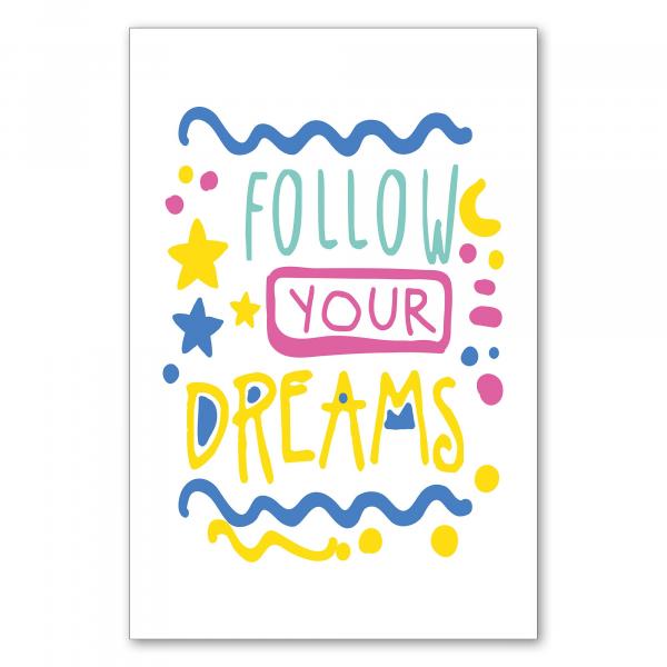 "Follow your dreams" - Handschrift mit Sternen, Mond & Wellen.