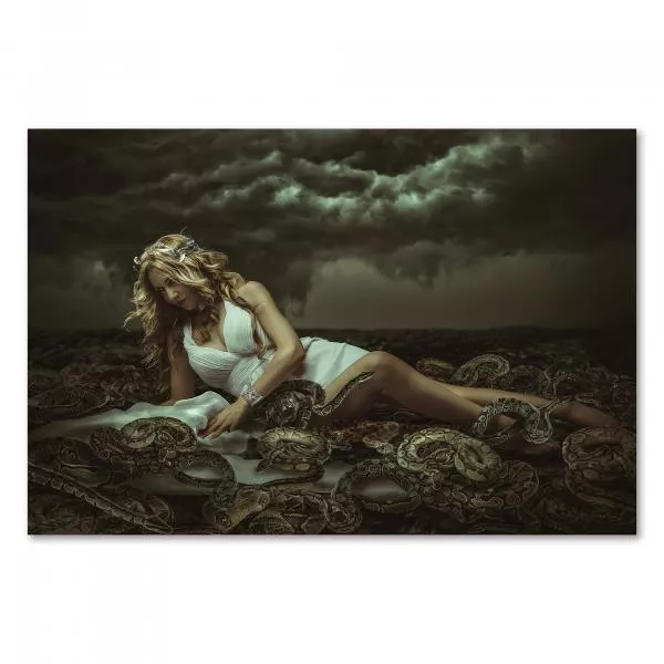 Blonde Frau in weißem Kleid, liegt auf Bett aus Schlangen - mystisch & geheimnisvoll. Blonde Frau in weißem Kleid, liegt auf Bett aus Schlangen - mystisch & geheimnisvoll.
