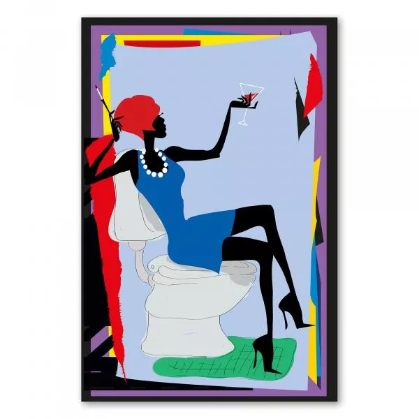 Eine stilisierte Darstellung einer Frau auf der Toilette, die einen Cocktail genießt - ein humorvolles Motiv. Eine stilisierte Darstellung einer Frau auf der Toilette, die einen Cocktail genießt - ein humorvolles Motiv.