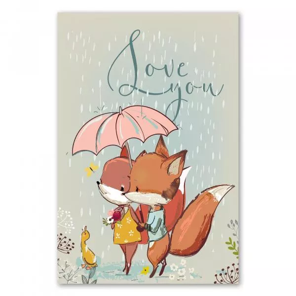 Zwei verliebte Füchse, romantischer Spaziergang im Regen, bunter Regenschirm. Zwei verliebte Füchse, romantischer Spaziergang im Regen, bunter Regenschirm.