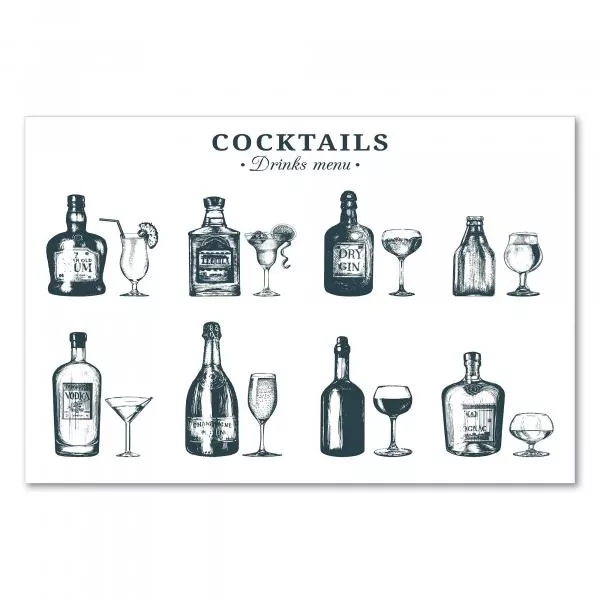 Getränkekarte: Acht Spirituosen (Whisky bis Gin) & passende Gläser, detailliert illustriert. Getränkekarte: Acht Spirituosen (Whisky bis Gin) & passende Gläser, detailliert illustriert.