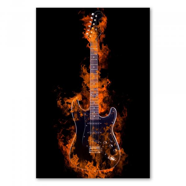 Schwarze E-Gitarre, lodernde Flammen, Energie & Leidenschaft für Musik.