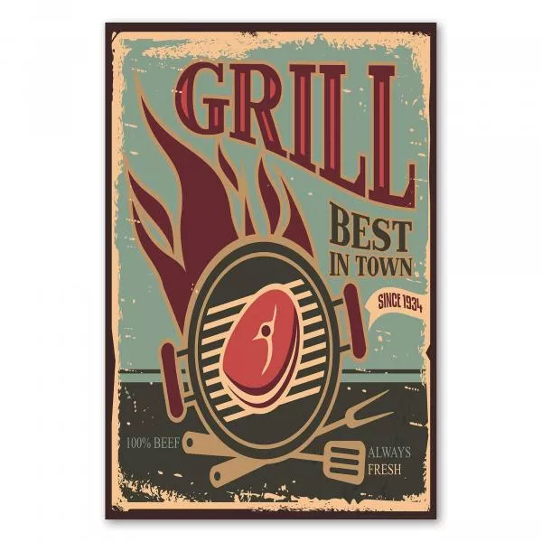 Verlockendes Retro-Poster mit Steak auf dem Grill: bester Grillgenuss, 100% Rindfleisch. Verlockendes Retro-Poster mit Steak auf dem Grill: bester Grillgenuss, 100% Rindfleisch.