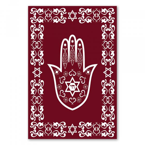 Die Hamsa-Hand mit Davidsternen, Fischen und Ornamenten – ein Symbol für Glück und Schutz im jüdischen Glauben.