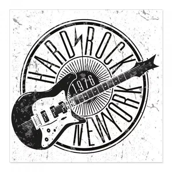E-Gitarre & "Hard Rock New York 1976" im Kreis - Schwarz-Weiß Vintage-Design. E-Gitarre & "Hard Rock New York 1976" im Kreis - Schwarz-Weiß Vintage-Design.