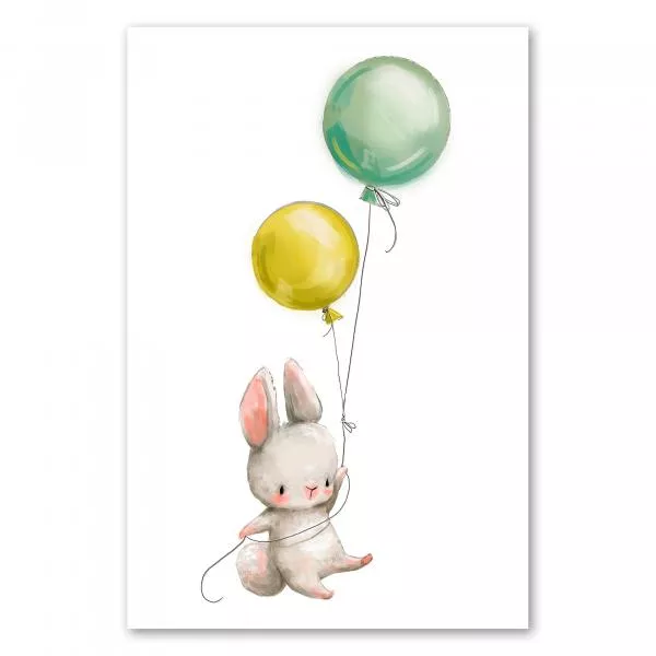 Hase, zwei bunte Ballons, schwebt in Lüfte - Freude & Abenteuerlust. Hase, zwei bunte Ballons, schwebt in Lüfte - Freude & Abenteuerlust.