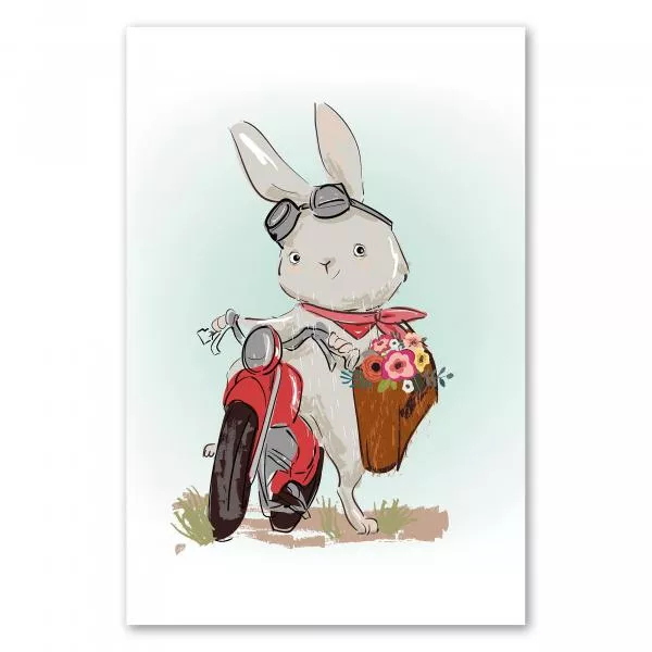 Hase, Fliegerbrille, Halstuch, rotes Motorrad, Blumenkorb - cool. Hase, Fliegerbrille, Halstuch, rotes Motorrad, Blumenkorb - cool.