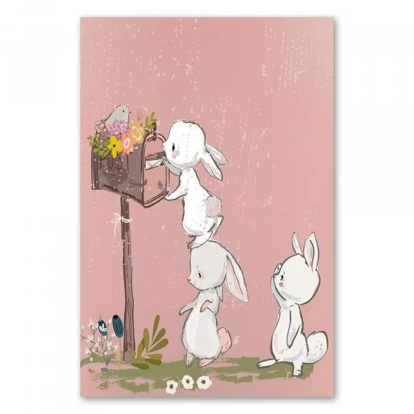 Drei Hasen am Briefkasten, warten auf Post, Vogel, Blume. Drei Hasen am Briefkasten, warten auf Post, Vogel, Blume.