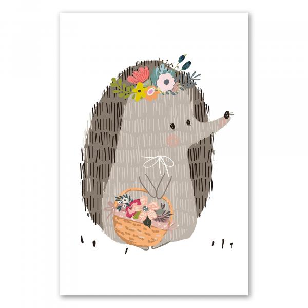 Niedlicher Igel, Blumenkranz, trägt Korb voller bunter Blumen - Frühling.