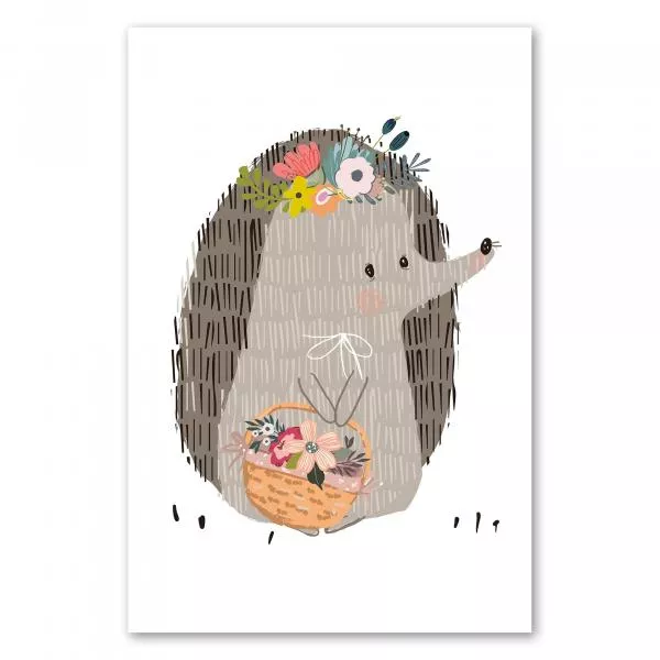 Niedlicher Igel, Blumenkranz, trägt Korb voller bunter Blumen - Frühling. Niedlicher Igel, Blumenkranz, trägt Korb voller bunter Blumen - Frühling.