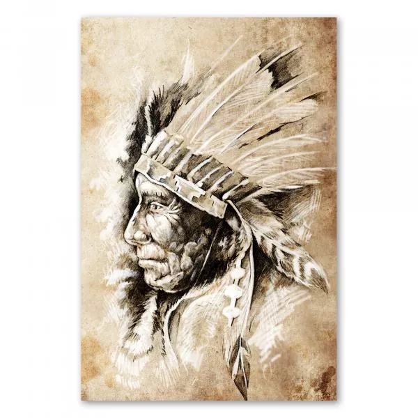 Zeichnung: Indianerhäuptling, Federschmuck, faltiges Gesicht - Weisheit. Zeichnung: Indianerhäuptling, Federschmuck, faltiges Gesicht - Weisheit.