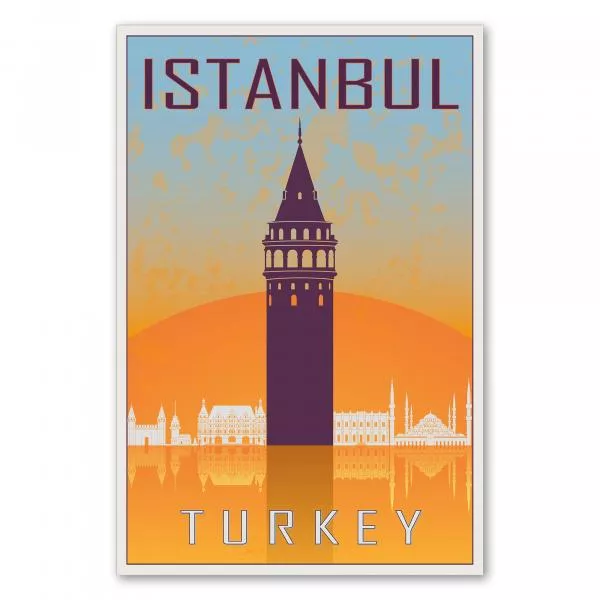 Der Galata-Turm und weitere Wahrzeichen spiegeln sich im Wasser - ein Retro-Reiseposter von Istanbul. Der Galata-Turm und weitere Wahrzeichen spiegeln sich im Wasser - ein Retro-Reiseposter von Istanbul.